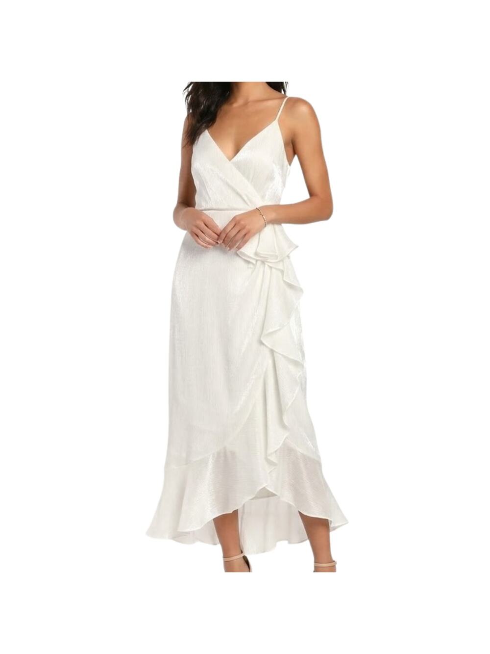 Lulus White Captivated Beauty Satin Ruffle Dress Bridal Wedding size S NEW Tags